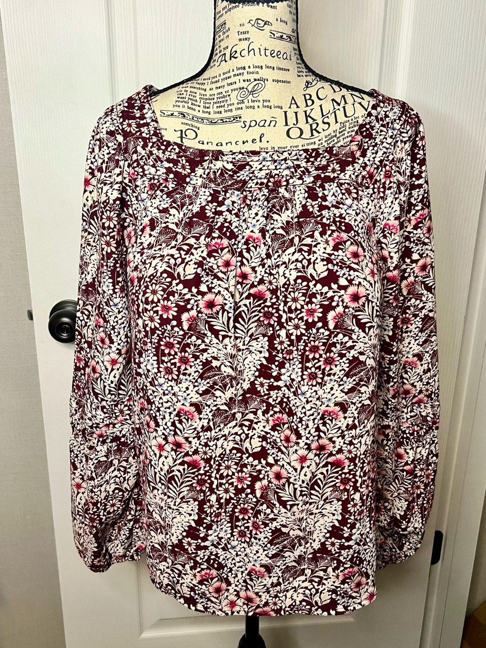 LC Lauren Conrad Burgundy Floral Long Sleeve Peasant Top